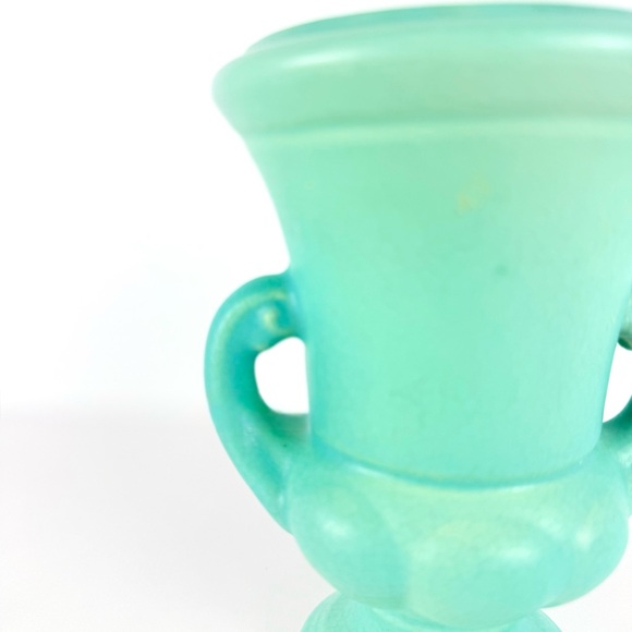 Antique Pottery Art Trophy Vase Small Aqua/Turquoise Handled 5.5x4x5 Inches - Picture 6 of 15